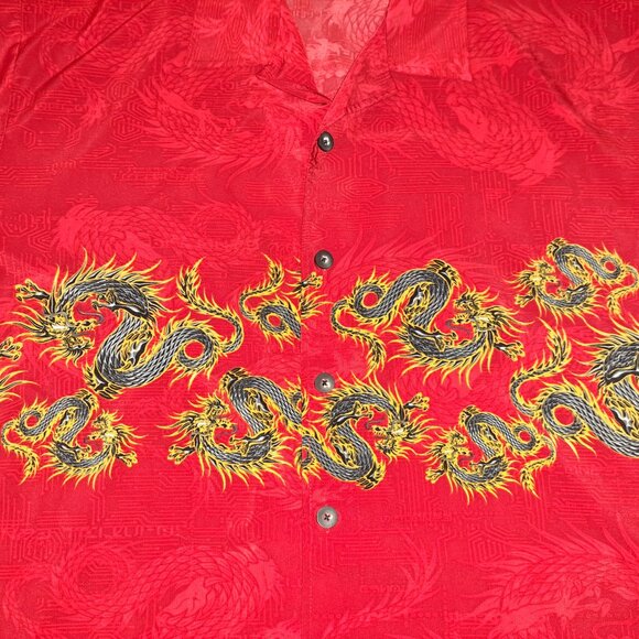 C-Two Size XL Red Dragon Polyester Short Slv Button Down Shirt - Picture 6 of 6